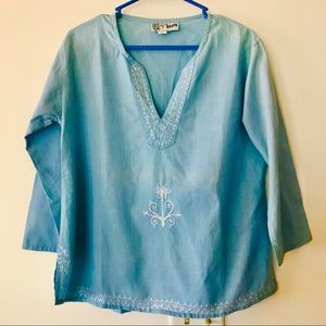 Light Blue Boho V Neck Cotton Shirt